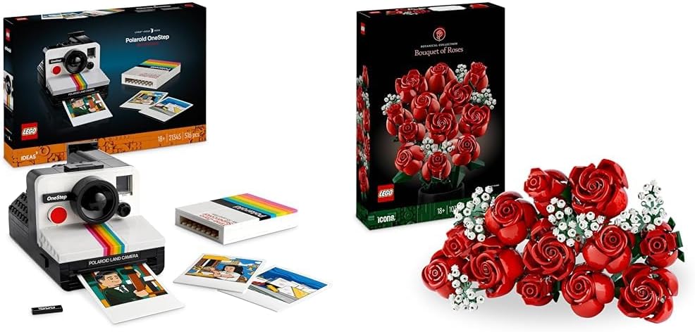 LEGO Ideas Fotocamera Polaroid OneStep SX-70 Kit Vintage per Adulti & Icons Bouquet di Rose, Set di Fiori Finti da Costruire, Hobby Creativi, Decorazione per Casa